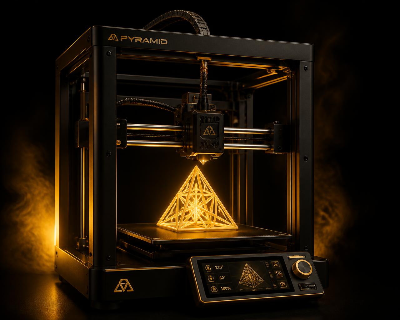 Impressora 3D produzindo uma peça geométrica iluminada em dourado